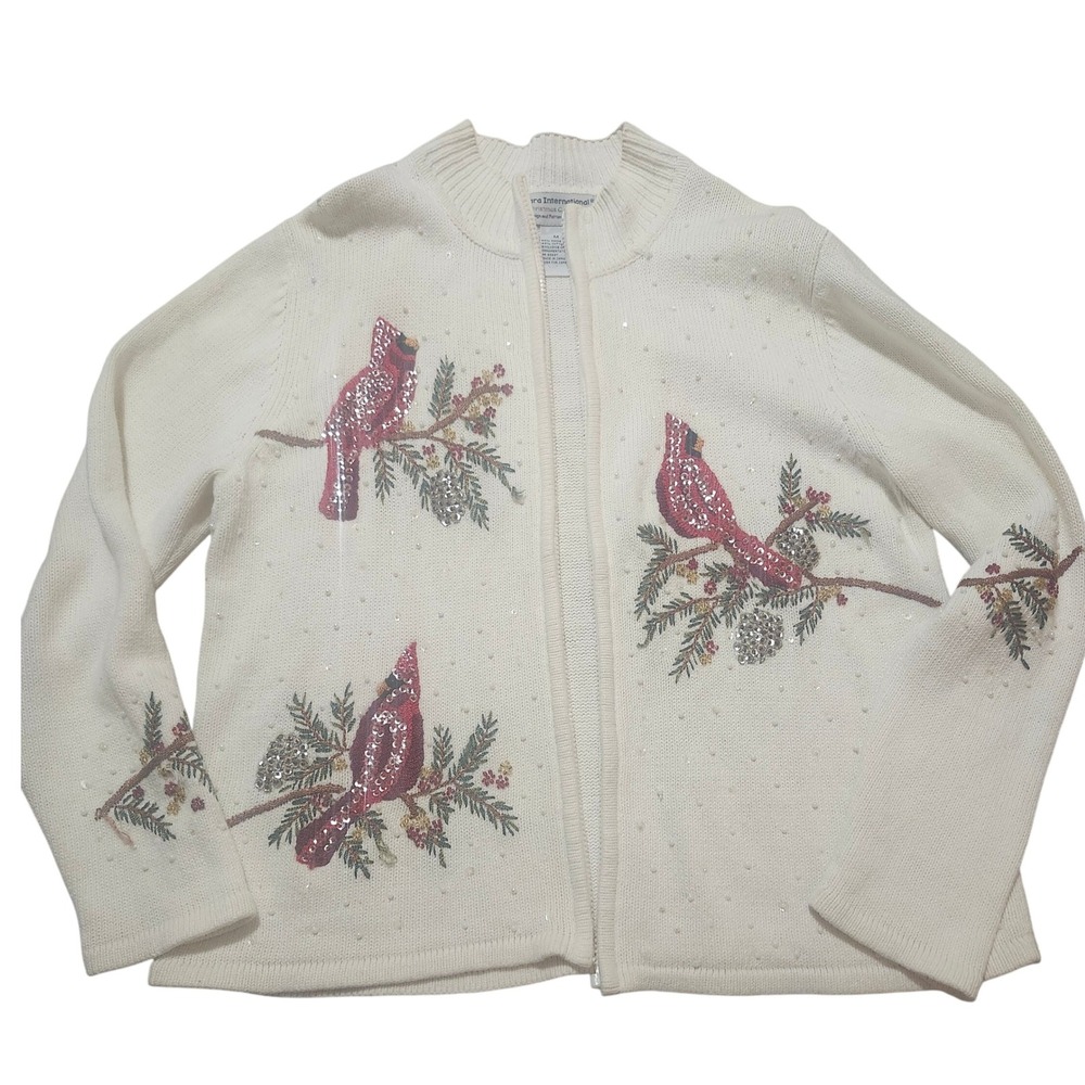 Tiara‎ International Christmas Cardinal Sequin Embroidered Cardigan Sweater Med